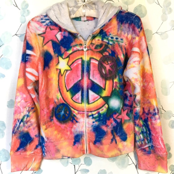 Justice Kids Rainbow Tie Dye Fleece Hoodie Sweatshirt Peace Stars Heart Zipper - Picture 2 of 14